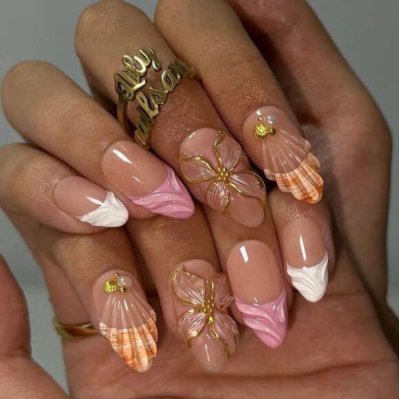 Press on Nail with 3D Flower & White French Tip | Fake Nail in Medium Almond - Picture 3 of 5